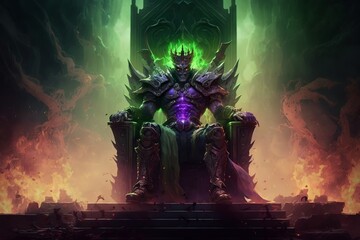 Dark demon lord sitting on the throne of the underworld in purging purple and green infernal flame - obrazy, fototapety, plakaty