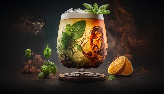  a glass of cold beverage with a garnish of mint and orange slices on a black background with smoke and steam coming out of the top.  generative ai