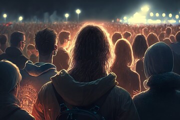 Festival crowd at night watching a concert on the stage with a lot of lighting