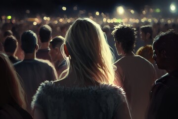 Obraz premium Festival crowd at night watching a concert on the stage with a lot of lighting