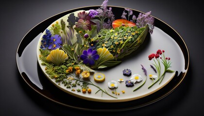  a plate with flowers on it on a black tablecloth with a gold rimmed plate holding a bouquet of flowers and a plate with a variety of edible flowers on it.  generative ai