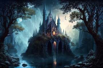 Fototapeta na wymiar Fantasy castle with towers in the moonlight in the middle of the woods surrounded with water on a rock with a tree root base