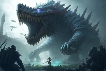 Whale-like colossal fantasy leviathan kaiju with giant jaws and teeth on the beach fighting super soldiers