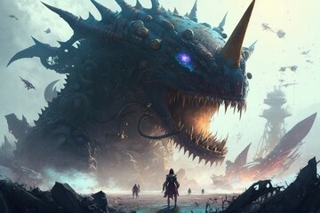 Whale-like colossal fantasy leviathan kaiju with giant jaws and teeth on the beach fighting super soldiers