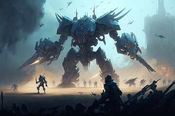 Colossal futuristic mech fighting on a battlefield against cybersoldiers - obrazy, fototapety, plakaty