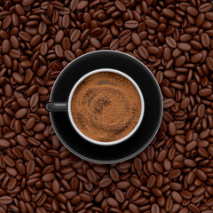 Ceramic coffee cup with coffee beans for americano, espresso, mocha, latte