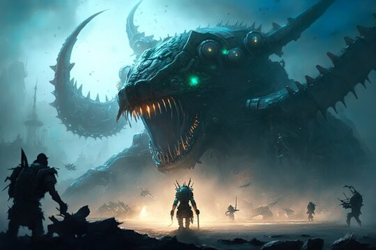Whale-like colossal fantasy leviathan kaiju with giant jaws and teeth on the beach fighting super soldiers