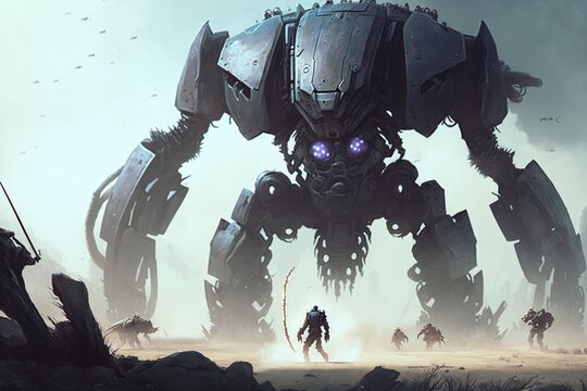 Colossal futuristic mech fighting on a battlefield against cybersoldiers