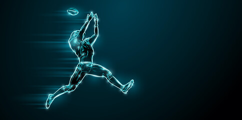 Abstract silhouette of a NFL american football player man in action isolated black background.