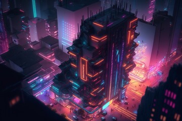 Aerial view of a giant cyberpunk metropolis with huge futuristic central building and lot of colorful neon lights