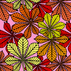 bright autumn seamless pattern of chestnut yellow and red leaves on a pink background, texture, design