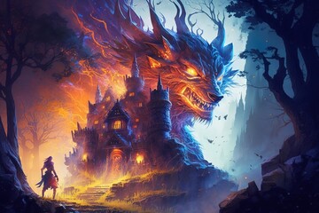 Fototapeta na wymiar Terrifying and colossal raging red and purple fantasy wolf guardian protecting castle from lone wanderer knight