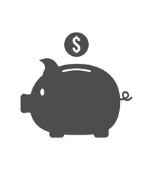 Piggy bank icon silhouette with coin on white background