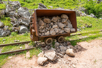Wagons in the Buferrera Mines in Covadonga in the Enol lakes, Asturias Spain.