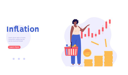 Consumer with shopping cart and grocery prices rising. Increase inflation. Concept of inflation, rising food cost, financial crisis. Vector illustration in flat cartoon design.