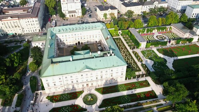 Aerial drone view of Mirabell Palace and Gardens in Salzburg, Austria. 