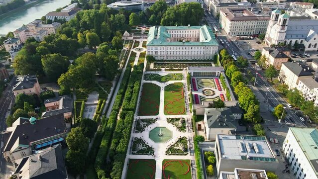Aerial drone view of Mirabell Palace and Gardens in Salzburg, Austria. 
