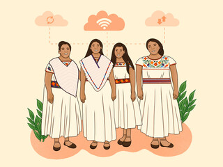 Mujeres jovenes indigenas con vestimenta tradicional, conectadas por la tecnología en sus comunidades - obrazy, fototapety, plakaty