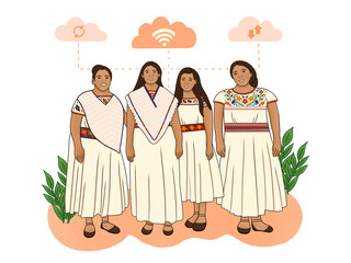 Mujeres jovenes indigenas con vestimenta tradicional, conectadas por la tecnología en sus comunidades - obrazy, fototapety, plakaty
