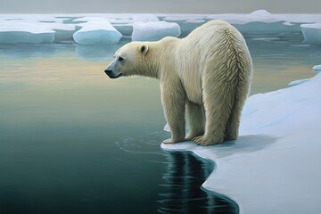 Obraz na płótnie Canvas a painting of a polar bear standing on an ice floese in the water with icebergs in the background and water reflecting the ice. generative ai