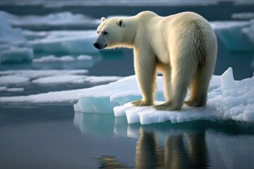 Fototapeta na wymiar a polar bear standing on an iceberg in the water looking at the icebergs in the water behind him is a reflection of the ice. generative ai