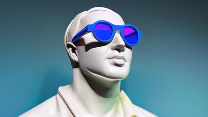 greek statue with colorful sunglasses in front of blue studio background, Generative AI