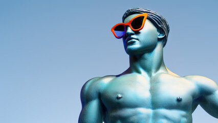 greek statue with colorful sunglasses in front of blue studio background, Generative AI