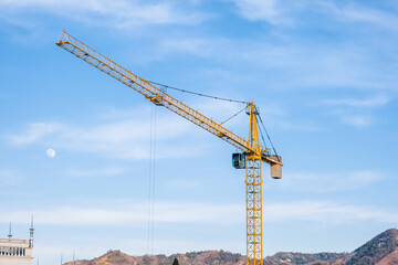 Fototapeta na wymiar Tower lifting crane on the construction site. Real estate development. Industrial background