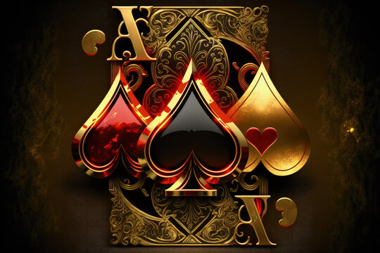 Blackjack, poker, and baccarat are casino games. Golden metal symbols with black and red aces. Generative AI