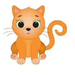 Obraz premium Cute cartoon cat with big green eyes on white isolated background. illustration