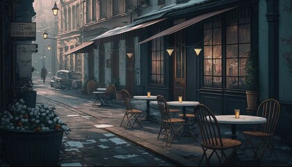  a painting of a city street with tables and chairs on the side of the street and a car parked on the side of the street.  generative ai