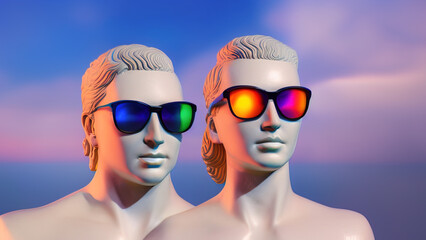 greek statue with colorful sunglasses in front of blue studio background, Generative AI