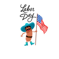 Labor Day, hot dog, cartoon image of sausage, bbq. Vector illustration