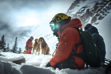 Emergency rescuers with bloodhounds arrived by helicopter at the site of an avalanche in the mountains to search for missing people under the snow. Generative AI technology. - obrazy, fototapety, plakaty