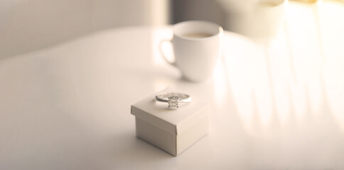 Realistic engagement ring in a box near a cup of coffee copy. Created with Generative AI