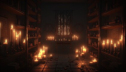  a dark room filled with lots of lit candles in front of a window with a window sill in the corner and a window behind it.  generative ai