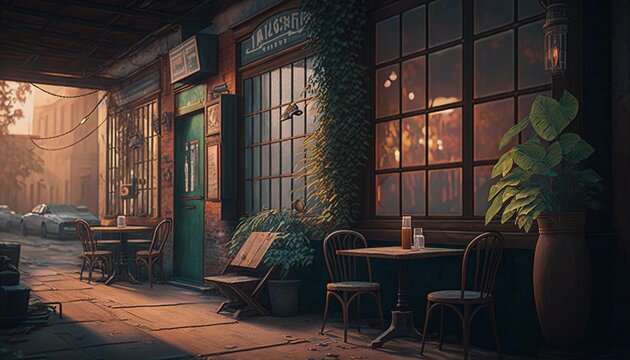  A Painting Of A Restaurant With A Table And Chairs Outside Of It And A Car Parked In Front Of The Window And A Building With Lots Of Windows.  Generative Ai