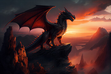 Dragon standing on a rock cliff. generative AI