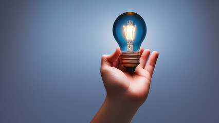hand holding a light bulb in front of blue studio background, idea, energy saving, electricity, Generative AI