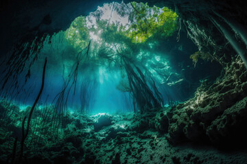Fototapeta na wymiar Mexico's Cenote Angelita, cave diving, extreme underwater experience, and underwater fogscape. Generative AI
