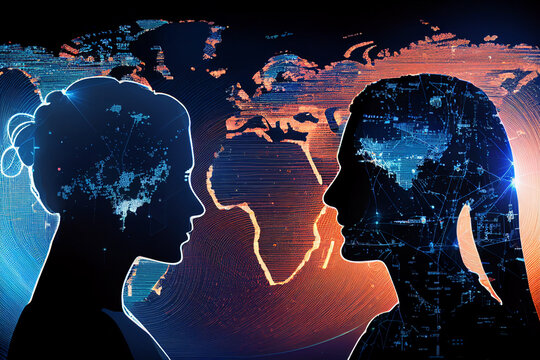 Man and woman on background of planet with designations of Internet communication. Concept of communication business technologies..