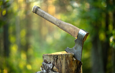 A sharp axe with a wooden handle is stuck into a wooden stump in the forest. A woodcutter's tool. Chop wood. To knock down a tree in the forest.