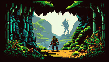 Adventure game screen, Retro computer games level. Pixel art video game scene 8 bit.