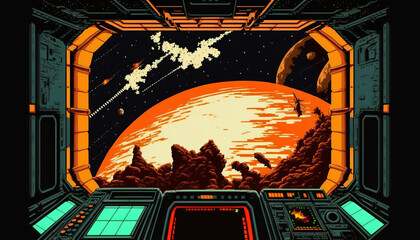 A space ship on an racetrack, Retro computer games level. Pixel art video game scene 8 bit. - obrazy, fototapety, plakaty