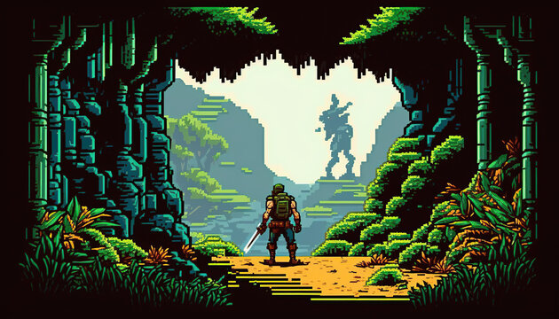 Fototapeta Adventure game screen, Retro computer games level. Pixel art video game scene 8 bit.