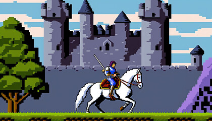 Adventure game screen, Retro computer games level. Pixel art video game scene 8 bit.