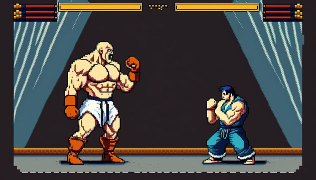 A fighting game, Retro computer games level. Pixel art video game scene 8 bit. 1980