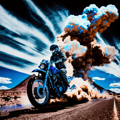 motorcyclist traveling down a road and in the background an erupting volcano generative AI