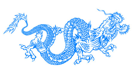 Vector illustration of a Chinese blue dragon. Tattoo of blue Asian dragon.
