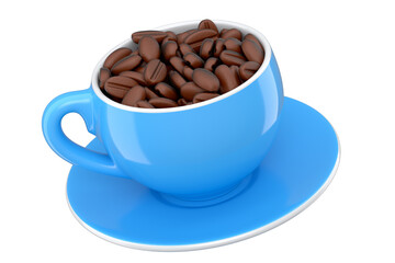 Ceramic coffee cup with coffee beans for americano, espresso, latte on white